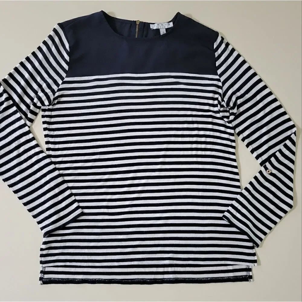 Chaus Women's Navy Stripe Zipper Back Long Sleeve Top
